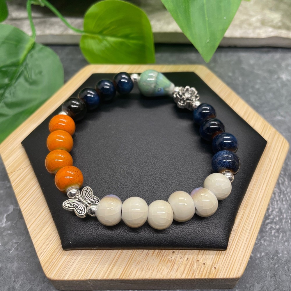 Handmade Ceramic Bead Beaded Stackable 6.5” Plus Stretch Bracelet New B502