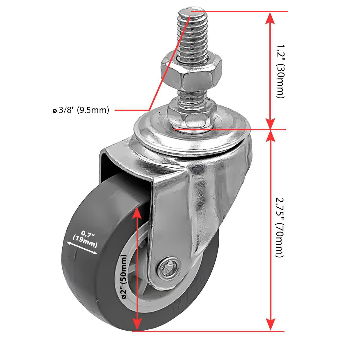 8 Pack 2 Inch Grey PU Stem Caster Swivel Polyurethane Caster Wheels
