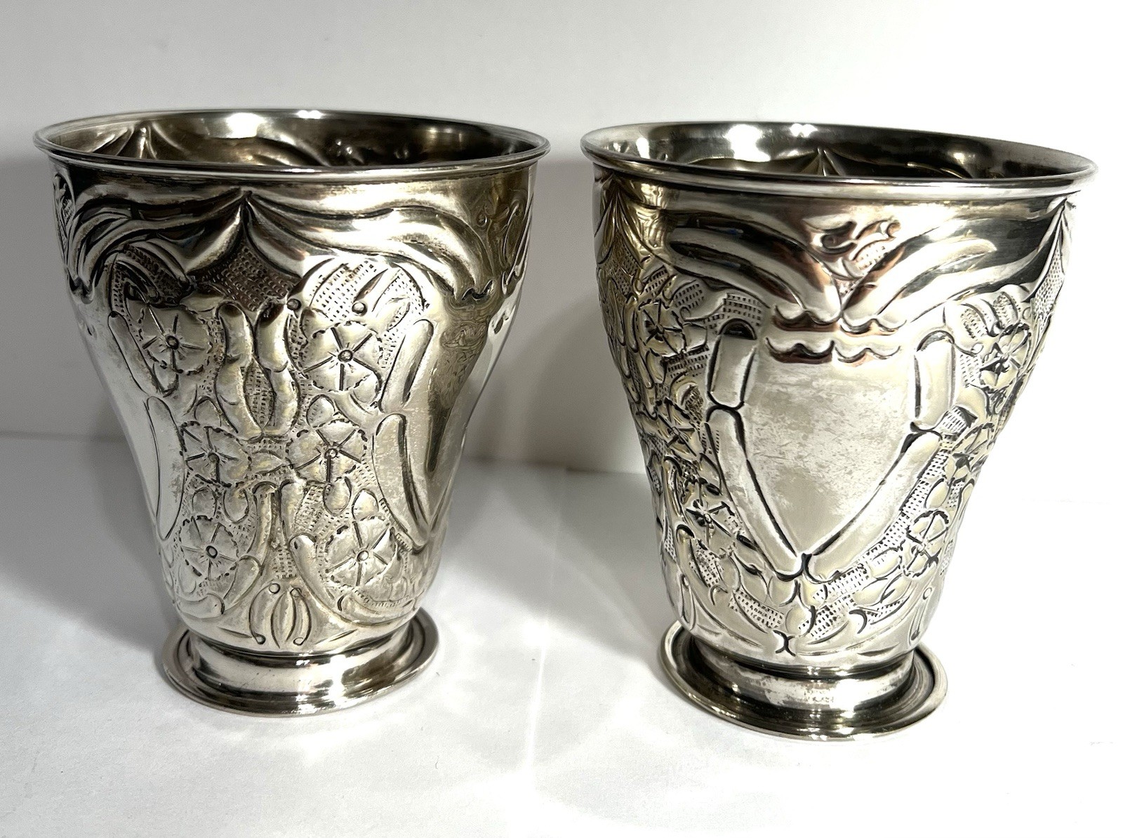 Vintage Silverplate Embossed Goblet Tumblers Vases - TWO’S COMPANY - 4” Tall