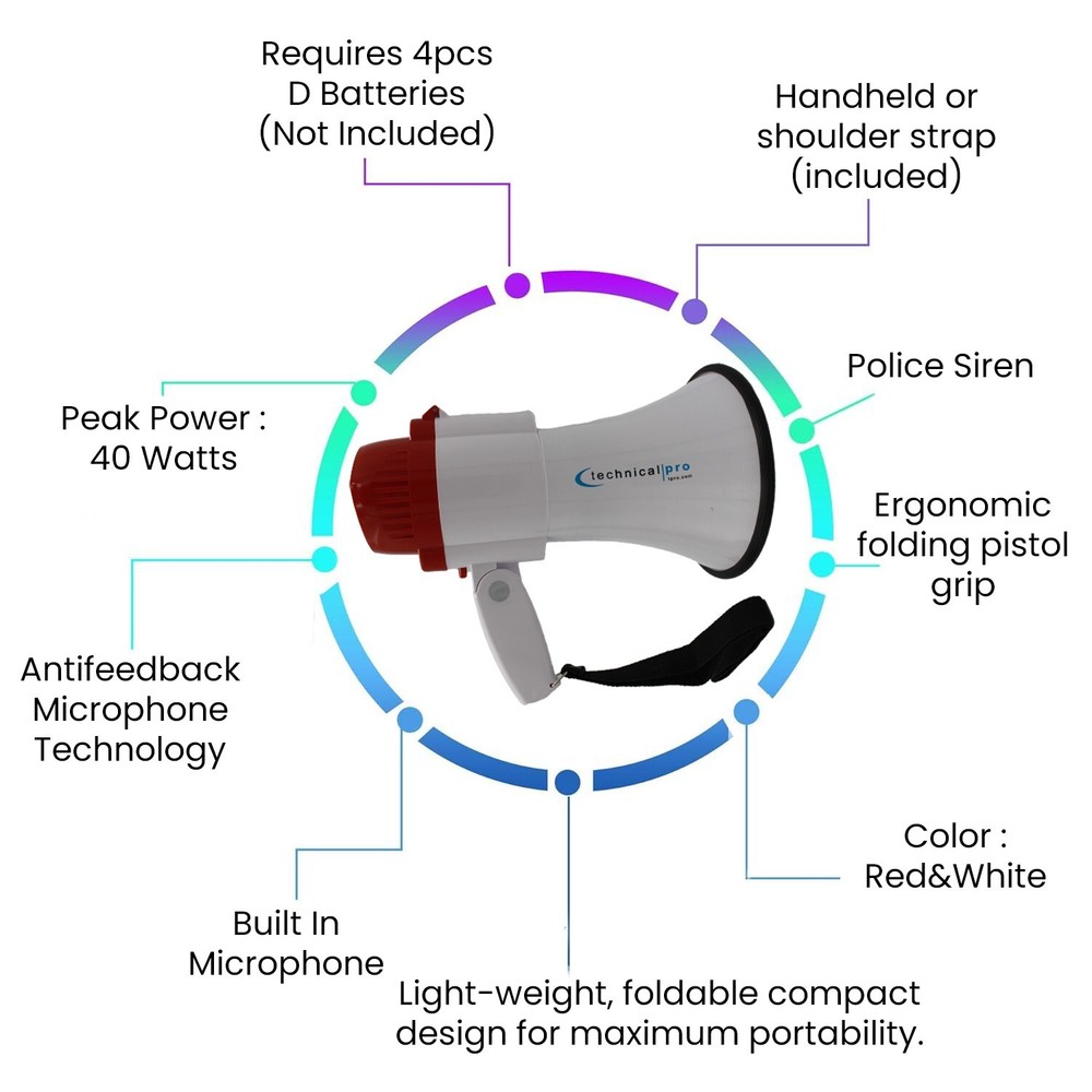 Portable Megaphone Bullhorn PA System Siren Record Function Adjustable Volume