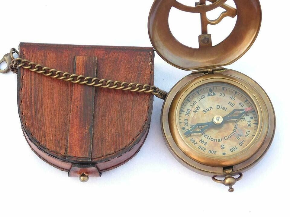 Compass Push Open Brass Sundial Compass - SteampunK with Leather Case and Chain