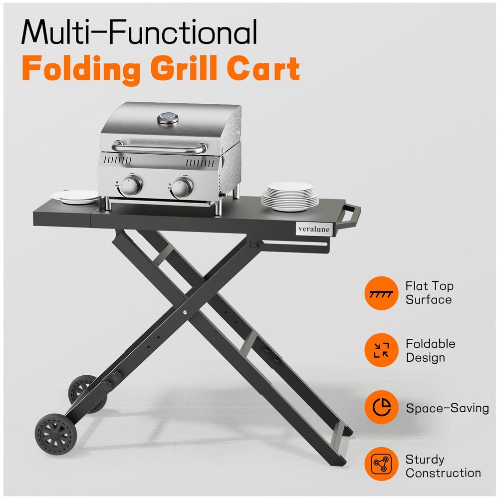 Folding Grill Table, Outdoor Prep Table with 2 Wheels, Adjustable Height Port...