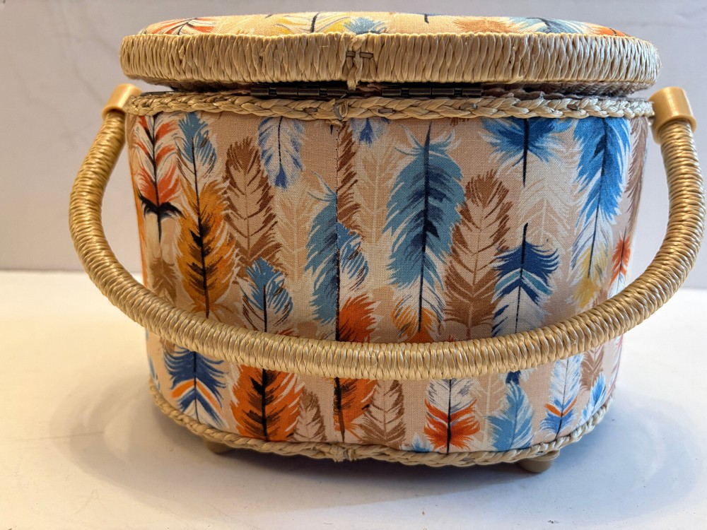 Sewing Basket Caddy Storage, Padded Feather Fabric, Tray Inside
