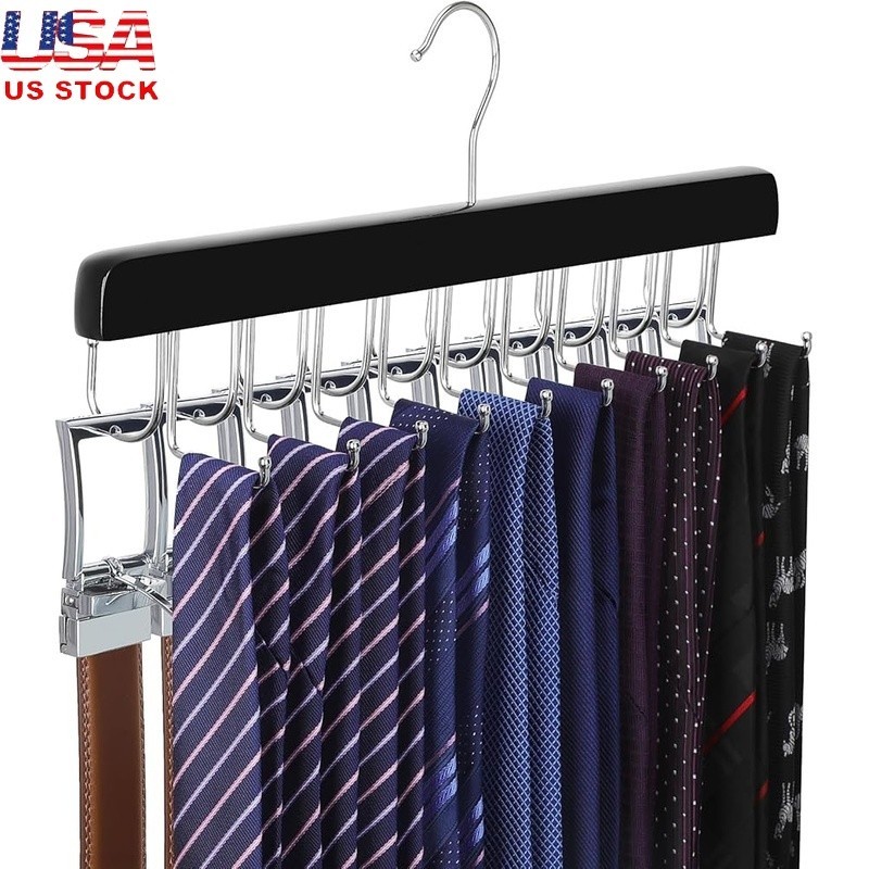 Belt & Tie Organizer Wood Multi Functional Hanger Storage Rack Foldable Hooks US