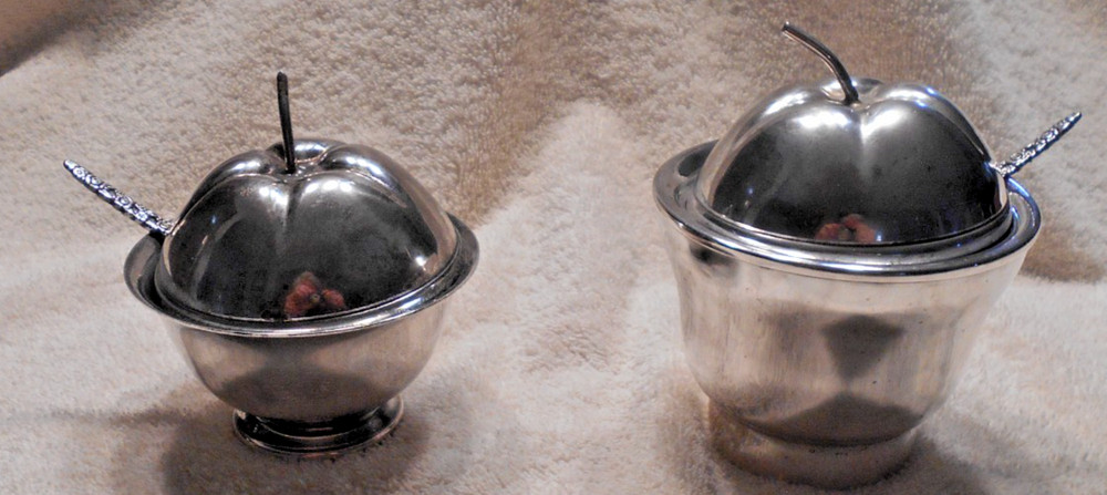 Set of 2 Silverplate Apple Style Jam/Preserves Containers with Spoons