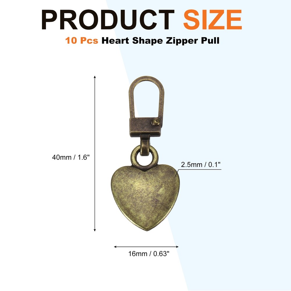 Zipper Pull Charm 10 Pcs Heart Shape Zipper Pull Replacement, Copper Tone