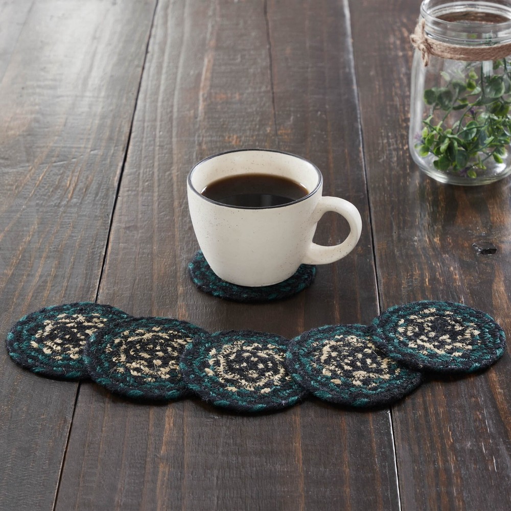 New Primitive Rustic PINE GREEN BLACK BRAIDED JUTE COASTERS Set 6