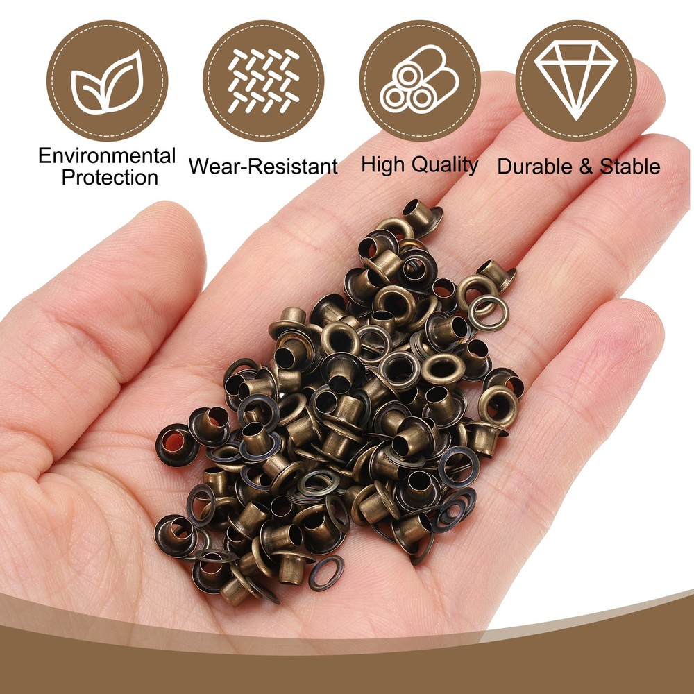 100Set Grommets Eyelets Kit 3mm Brass Eyelets with Washers, Brown