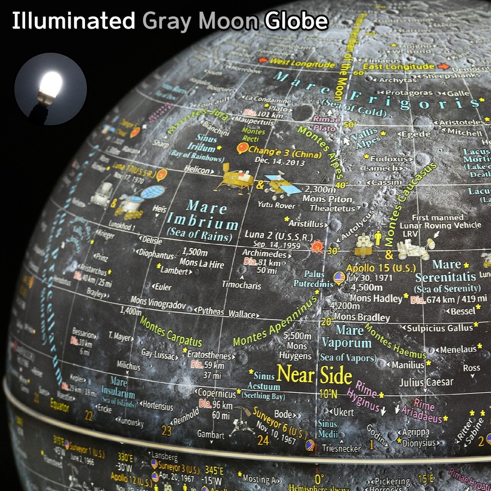 Mapsoft Prime Illuminated Gray Moon Globe, 30cm/12", MI-30, Moon Lamp, Led