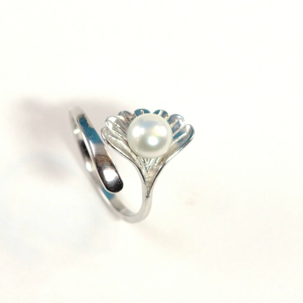 Solid Sterling Silver .925 White Pearl Ring Shell Style Adjustable Ring Size TP