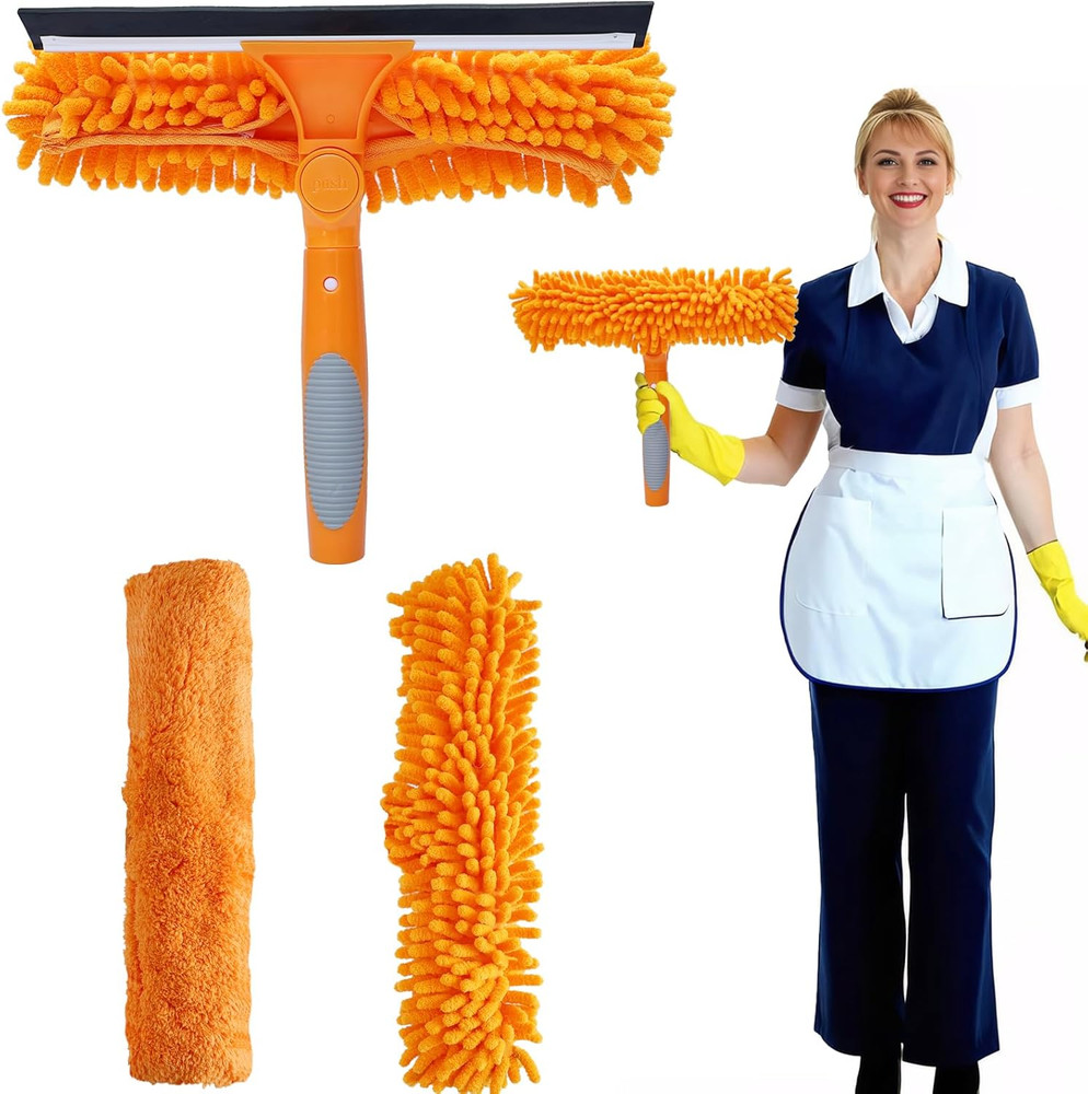2 in 1 Window Washing Squeegee & Duster with 2 Pad Compatible with Standard 3/4