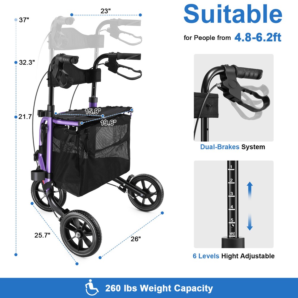 WALK MATE 3 Wheels Rollator Walker 10Lb Seat Backrest Lightweight Foldable Purpl