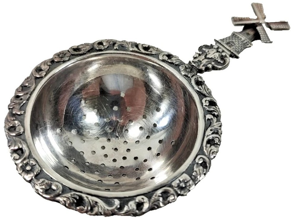 Vintage Dutch Silver Plated Windmill Over Cup Tea Strainer Rotating Sails HH 90