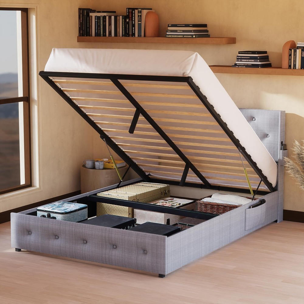 Full Size Bed Frame Upholstered Platform Bed Frame with Headboard & USB Port US