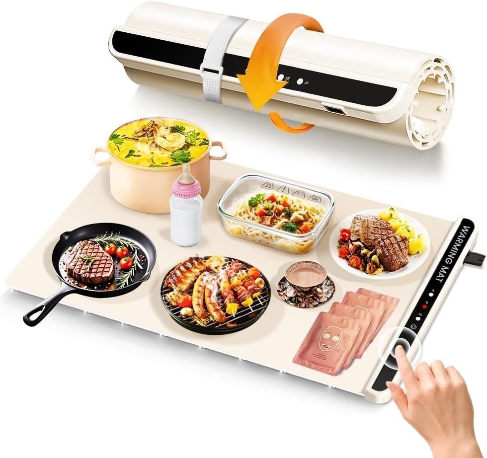Mareale Portable Food Warming Mat Multiple Temps Timer Blue Silicone Cream White