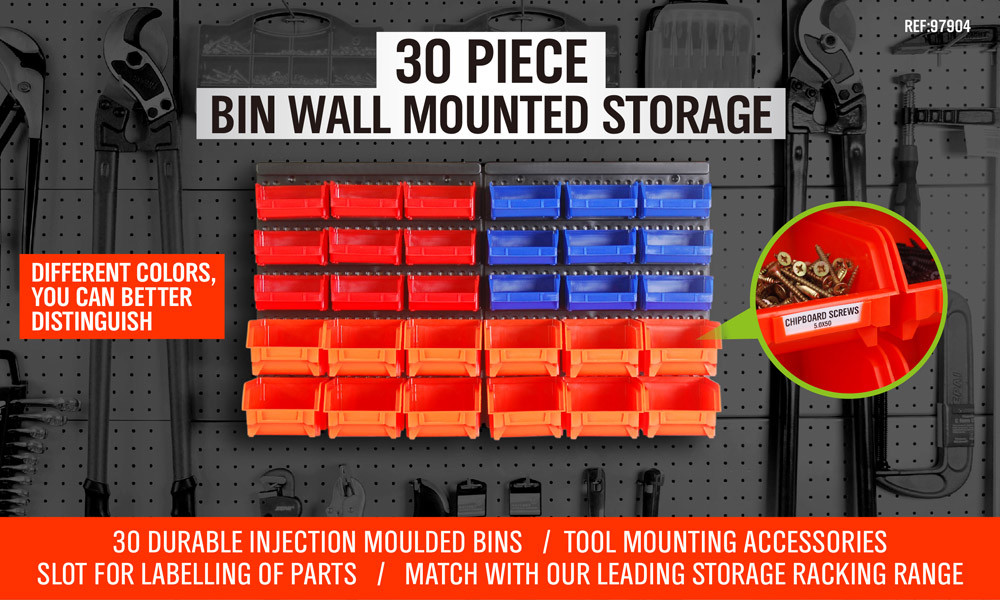 Wall Mounted Storage Bins Parts Rack 30 Bin Organizer Garage Plastic Shop Tool