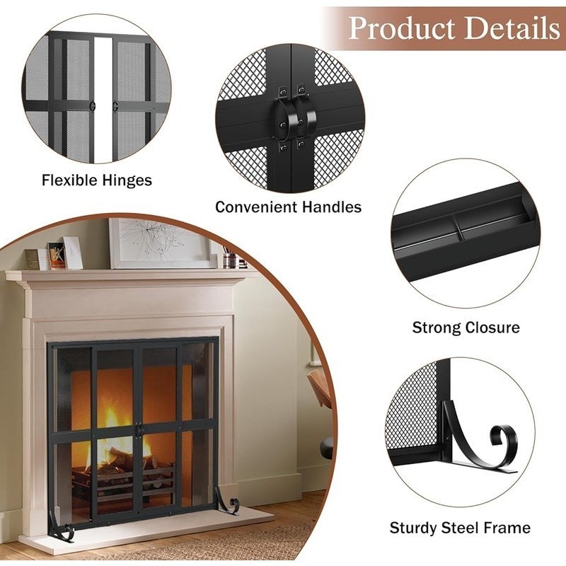 Fireplace Screen Sliding Doors Wrought Iron Spark Guard Gate Protector Pets Kids