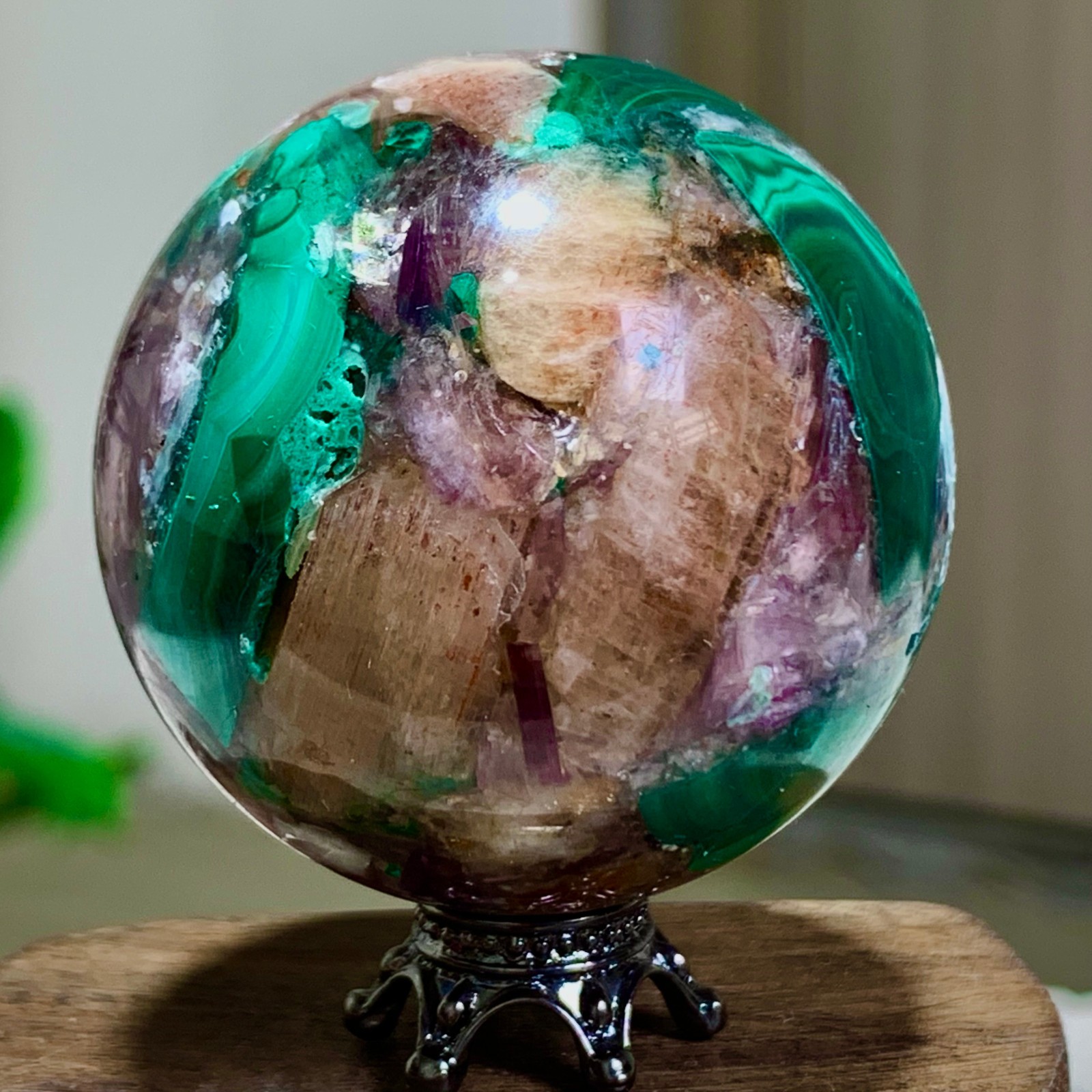 94G Newly discovered rare malachite purple mica symbiotic sphere restoration