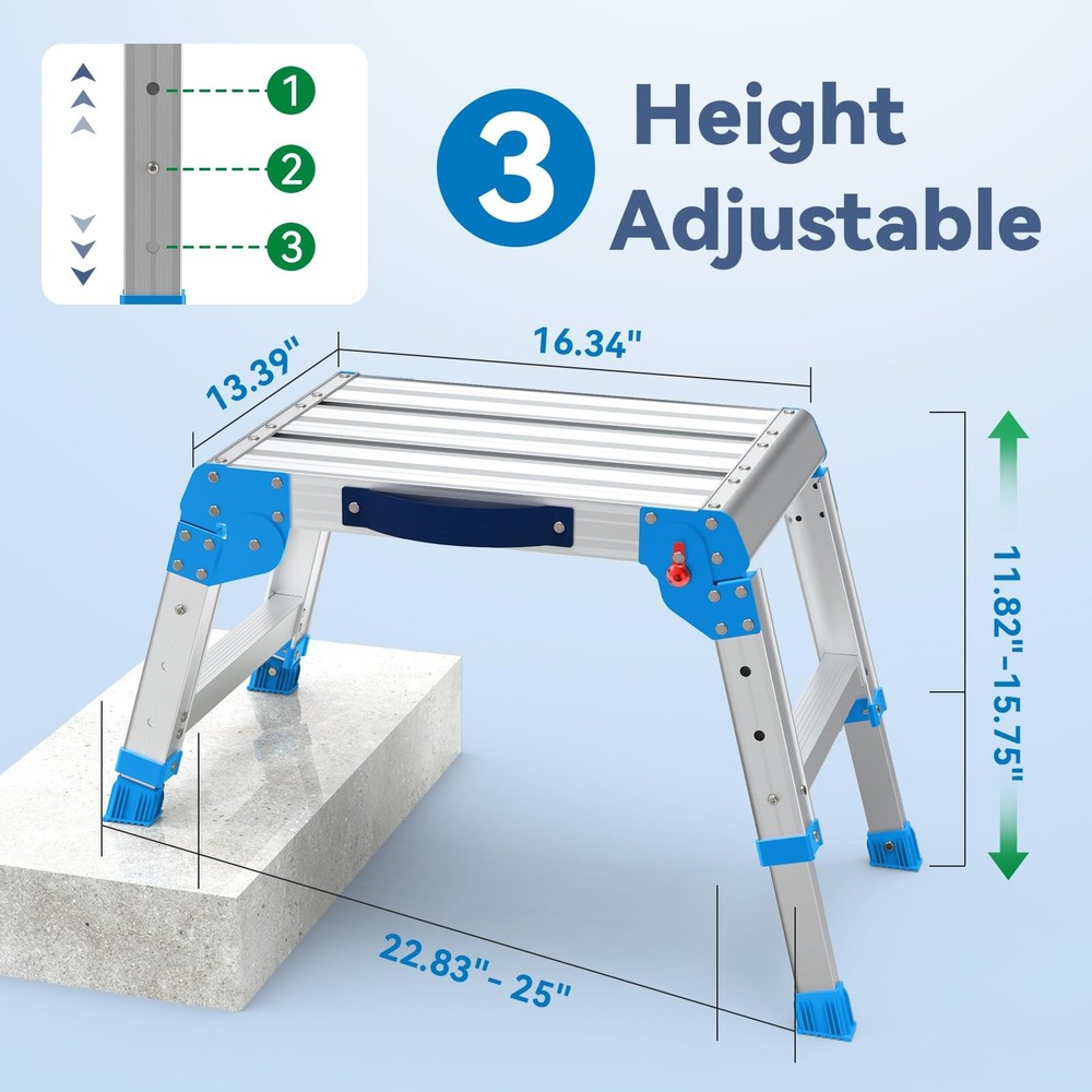600lbs Work Platform, Foldable Step Stool with One-Click Folding and 3 Adjust.