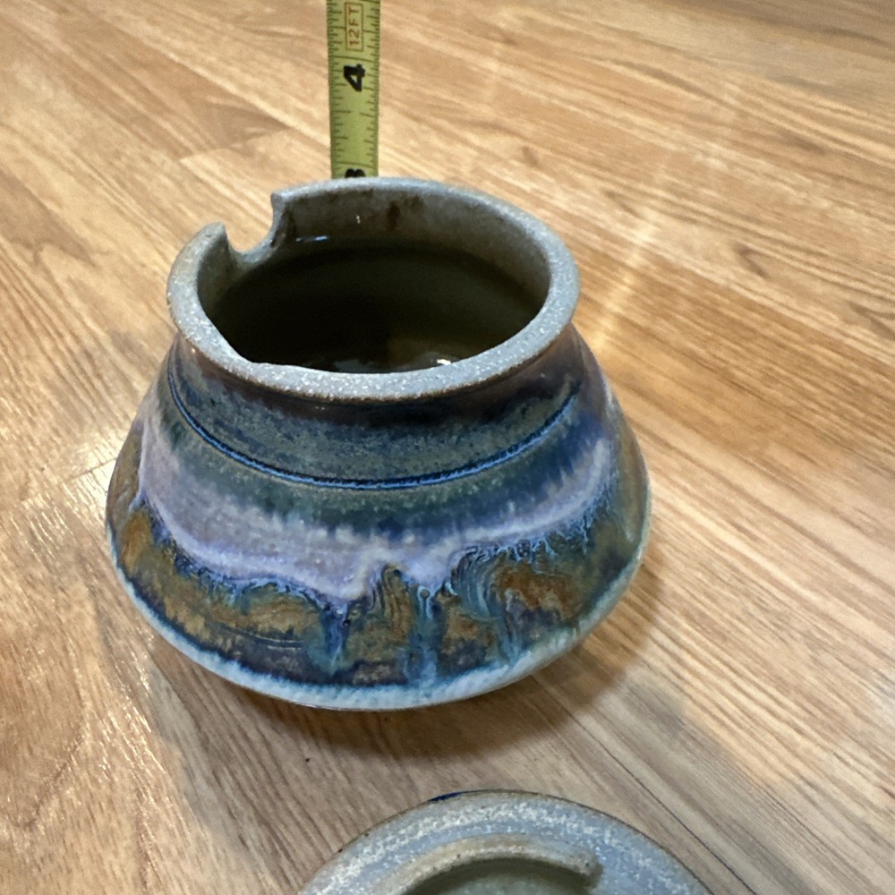Vintage Signed Studio Pottery Incense Burner Lidded Blue Green Glaze