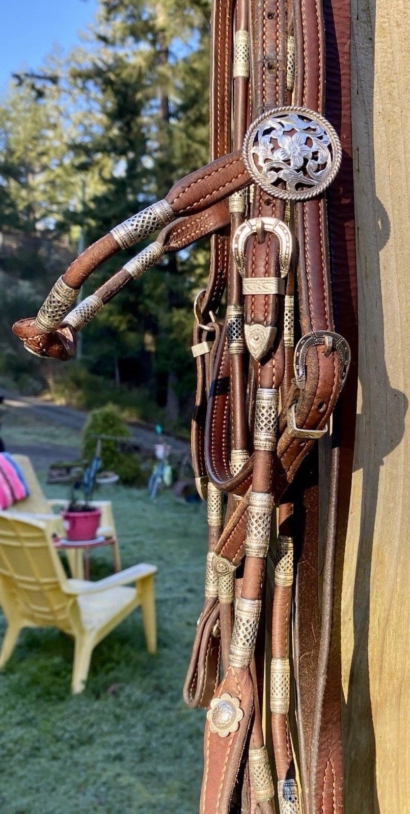 Vntg Poco Western Bridle & Romel Reins Silver Ferrule Fleming Filigree Sterling