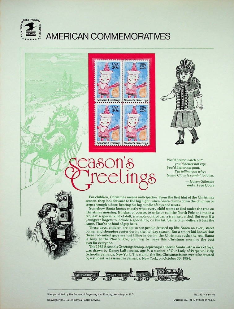 USPS Commemorative Stamp Panel 1984 #232 Season’s Greetings #2108
