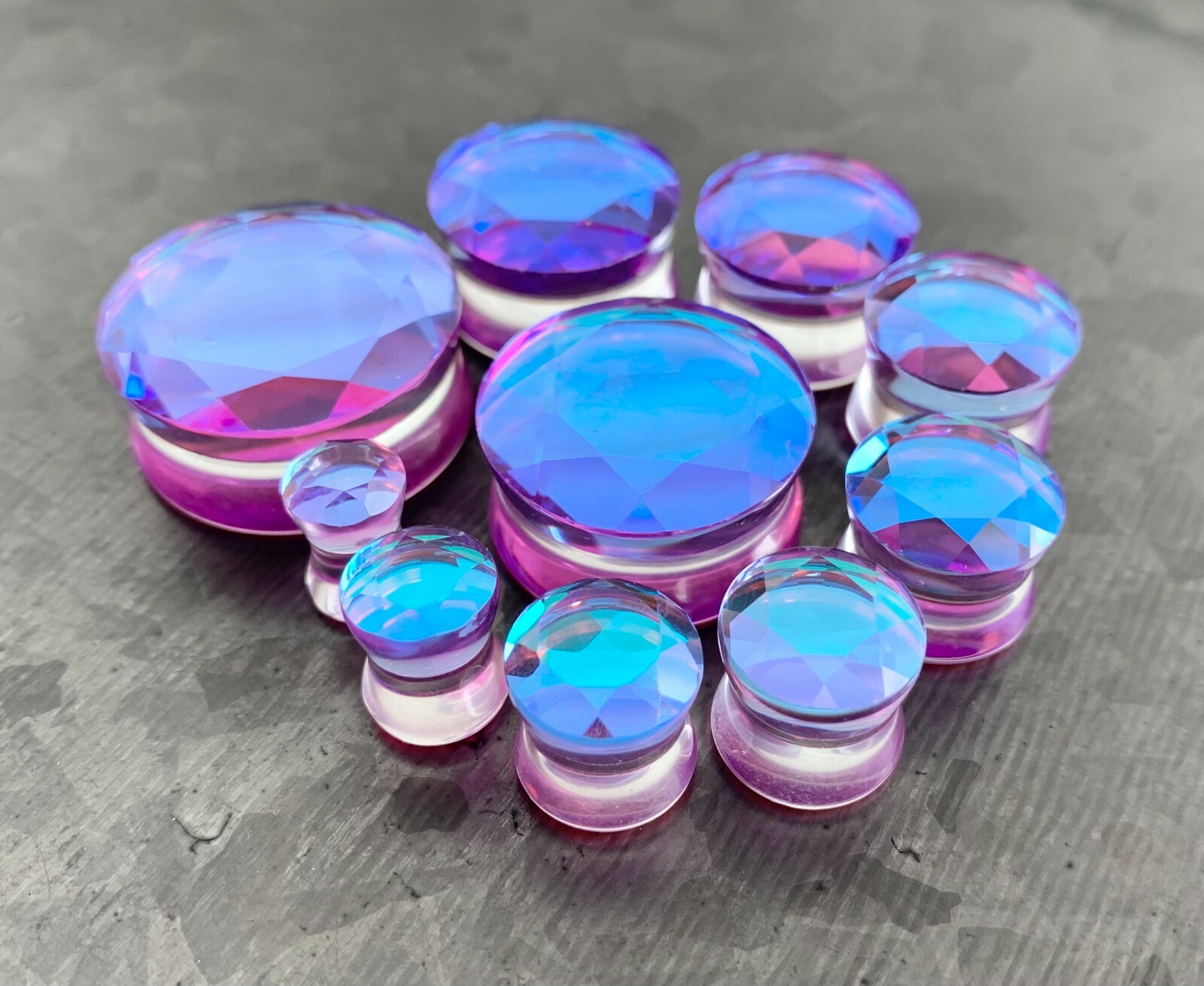 PAIR Faceted Mermaid Iridescent Glass Double Flare Plugs Gauges Body Jewelry
