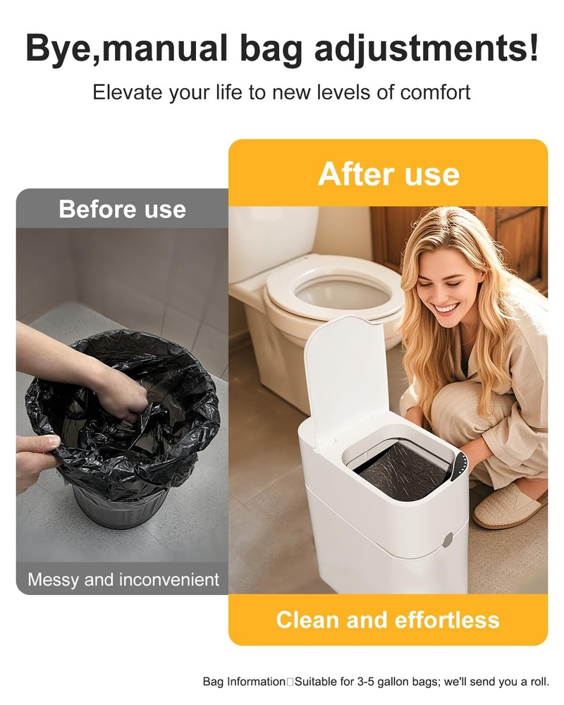 CTIME Touchless Automatic Bathroom Trash Can with Lid - 3 Gallon Small, White