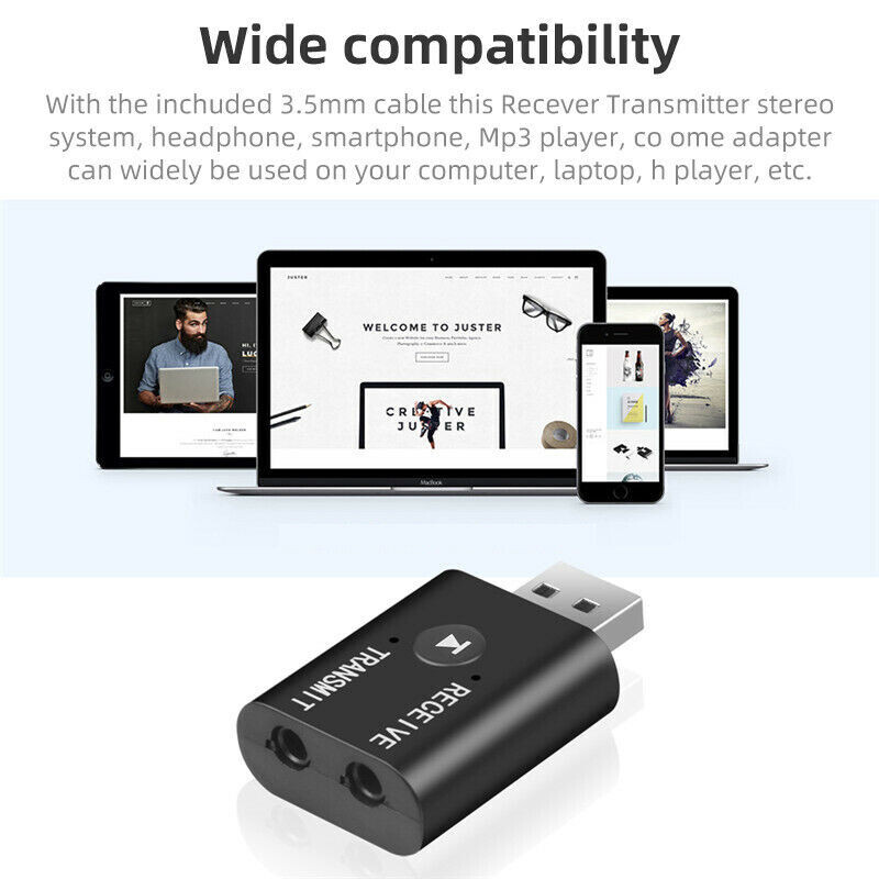 Wireless USB Bluetooth 5.0 Audio Transmitter Receiver Adapter 3.5mm For TV Car
