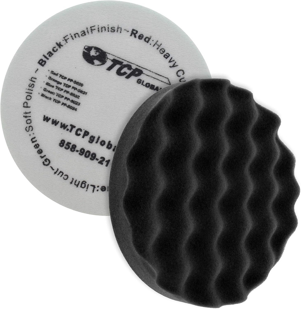8" Black Waffle Foam Buffing Pad Hook and Loop Backing - Extra Fine Pad for Poli