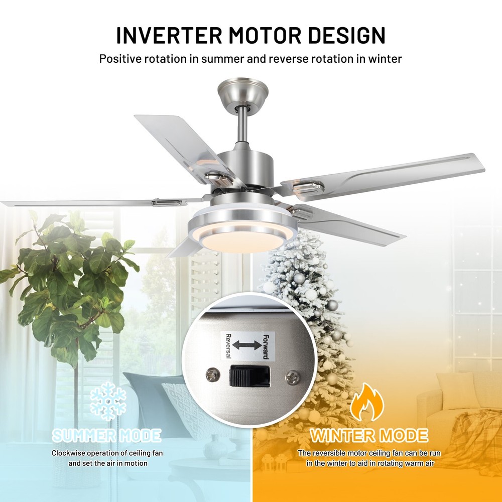 52-inch Silver Ceiling Fan Light, 3-Color Dimming, Remote Control