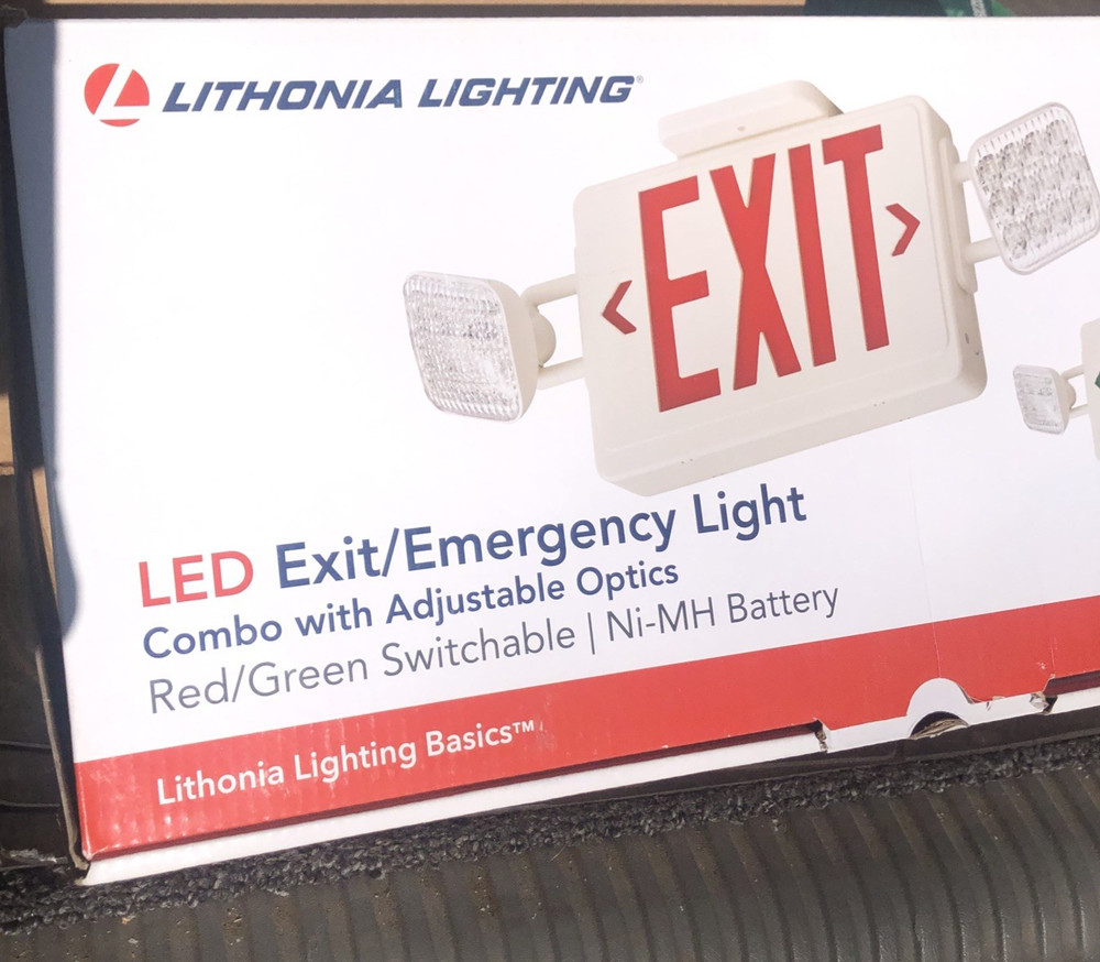 LITHONIA LED EXIT & EMERGENCY LIGHT SIGN COMBO ADJUSTABLE OPTICS RED/GREEN NEW
