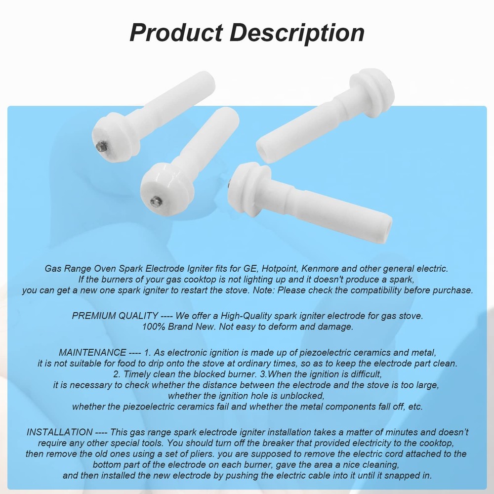 4 Pack Premium Gas Range Oven Spark Electrode Igniter Replacement for White