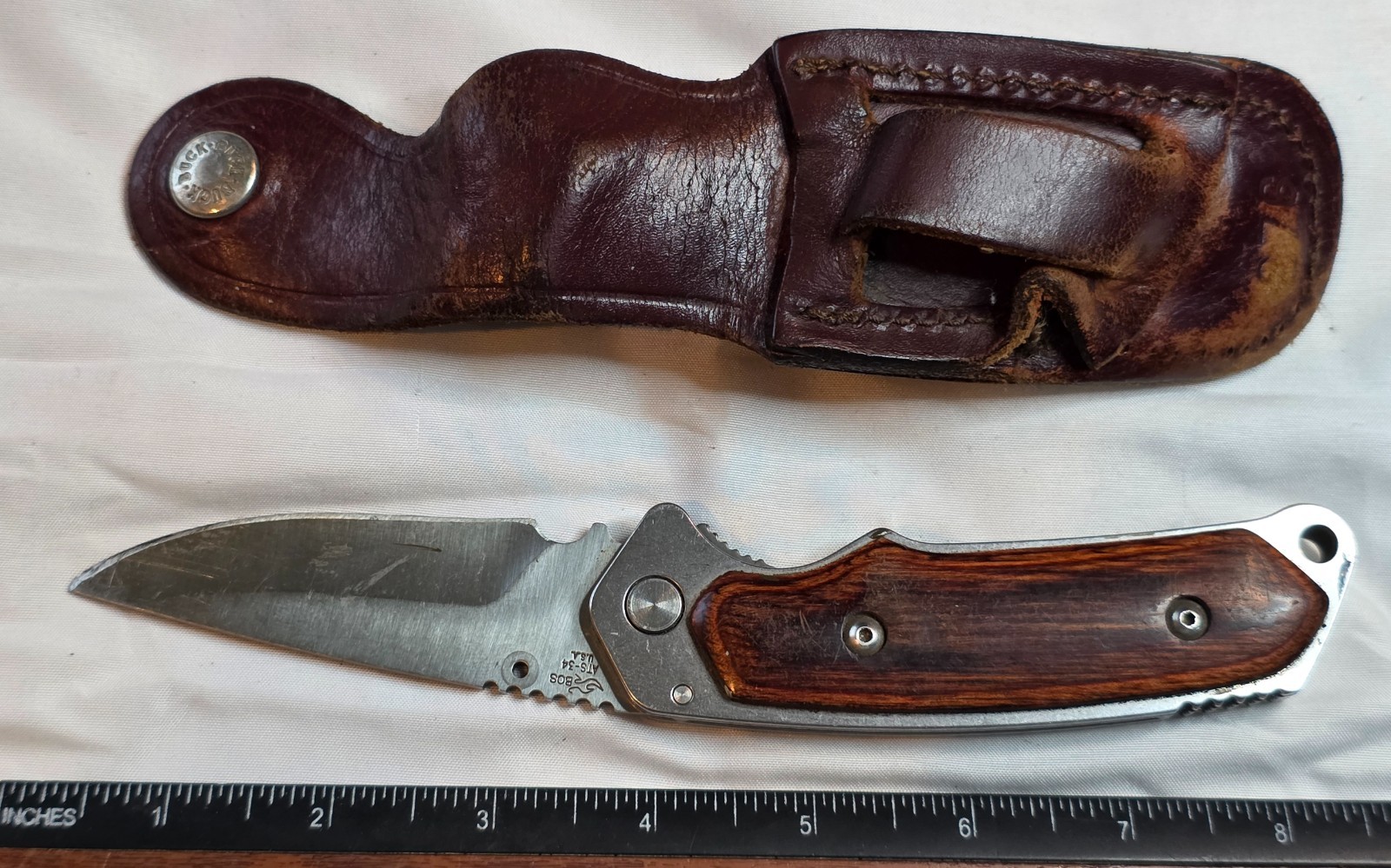 3 7/8" Long Buck Alpha Hunter 277T BOS AT-34 Folding Knife & Sheath, Used