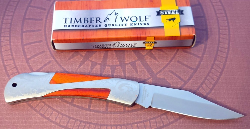 TIMBER WOLF Knife Lockback Scroll Worked Handle W/Wood Inlay NOS