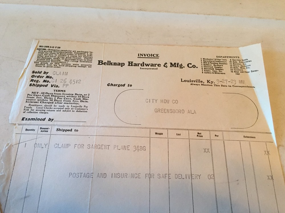 1923 BELKNAP HARDWARE & MFG CO Invoice
