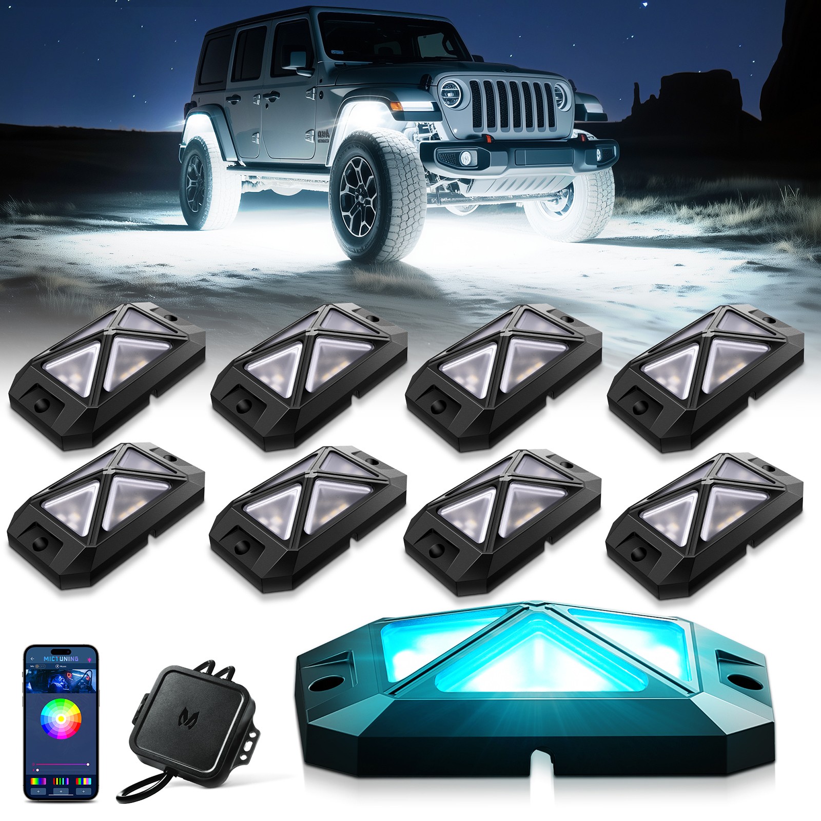 MICTUNING C4 RGBW LED Rock Lights -8 Pods 48W Underglow Neon Accent Lighting Kit