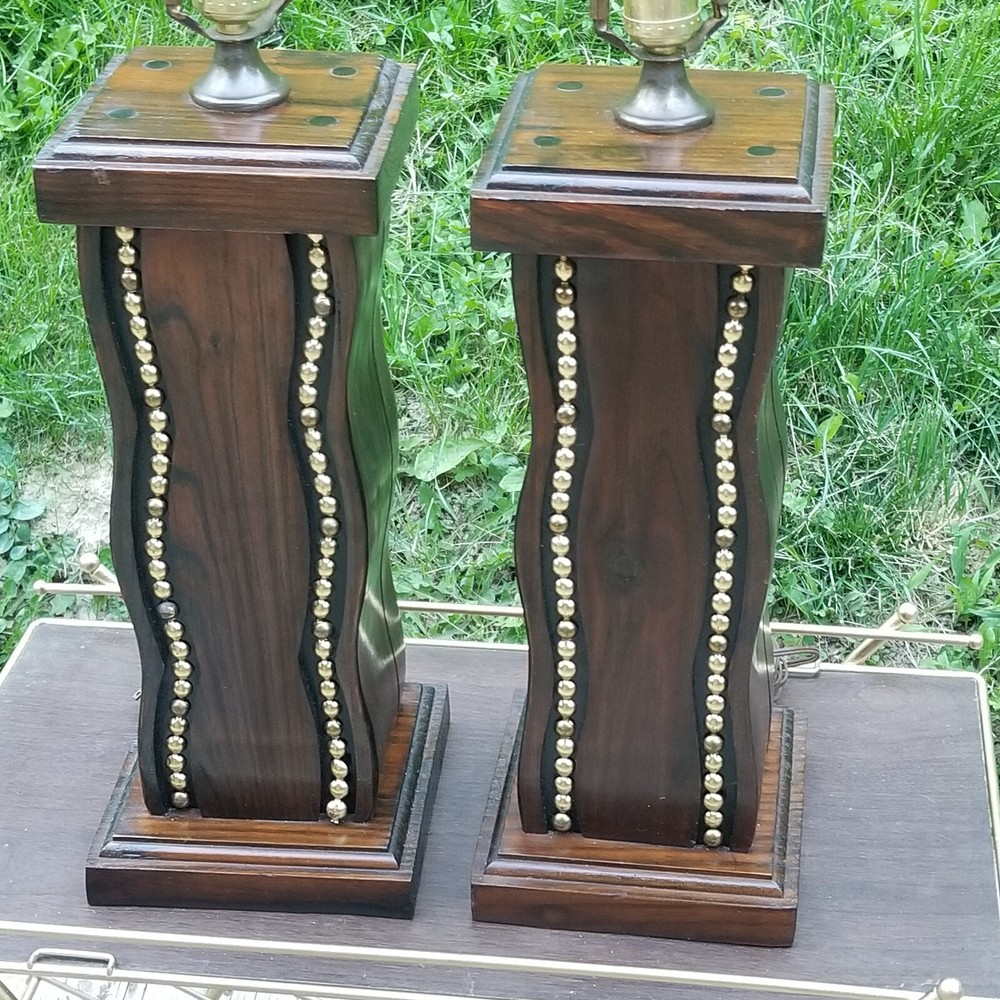 Vintage Solid Wood Studded Table Lamp PAIR 2 Rustic Cabin Retro 1970s EXC
