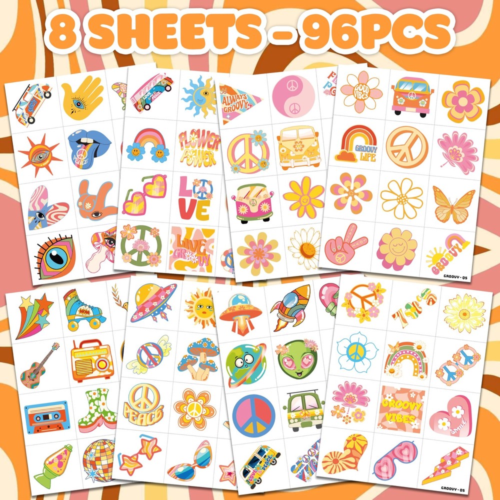 96 PCS Two Groovy Retro 60s 70s Pre-Cut Temporary Tattoos Medium, Multiple