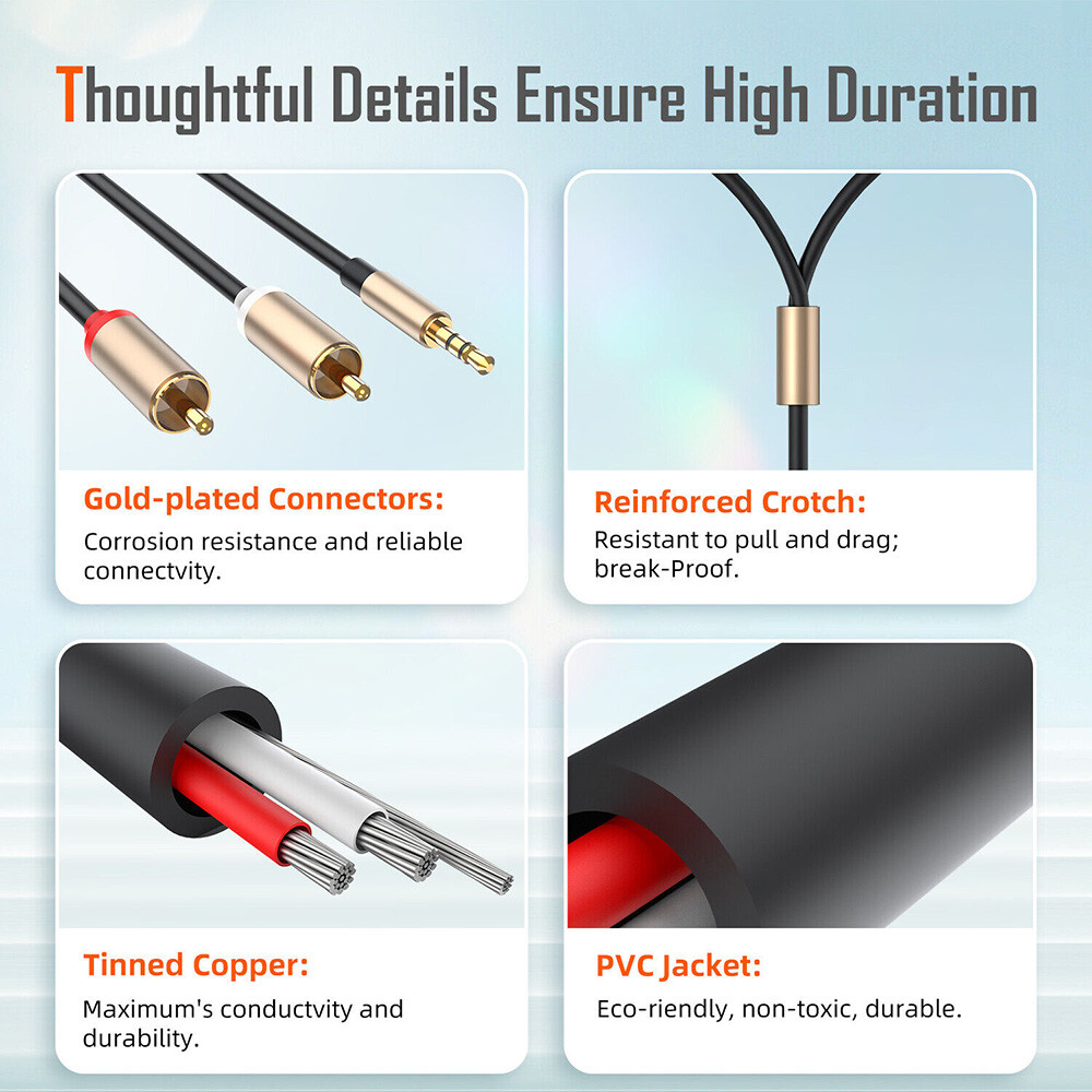 3.5mm Male to 2 RCA Y Male Audio Stereo Cable Cord AUX Auxiliary Wire Plug US