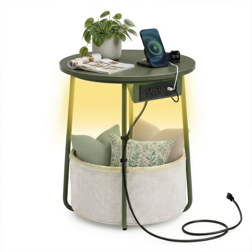 LILEA Collection - Side Table with Charging Station, Round End Table with Fab...