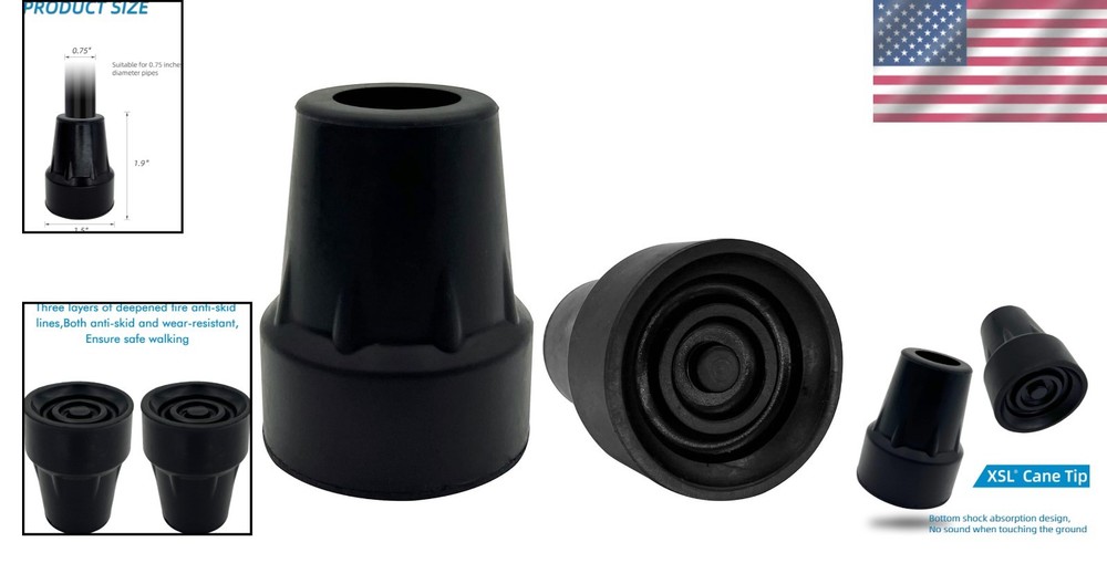 Natural Rubber Replacement Cane Tips - 3/4 Inch Black with Traction - 2 Pack