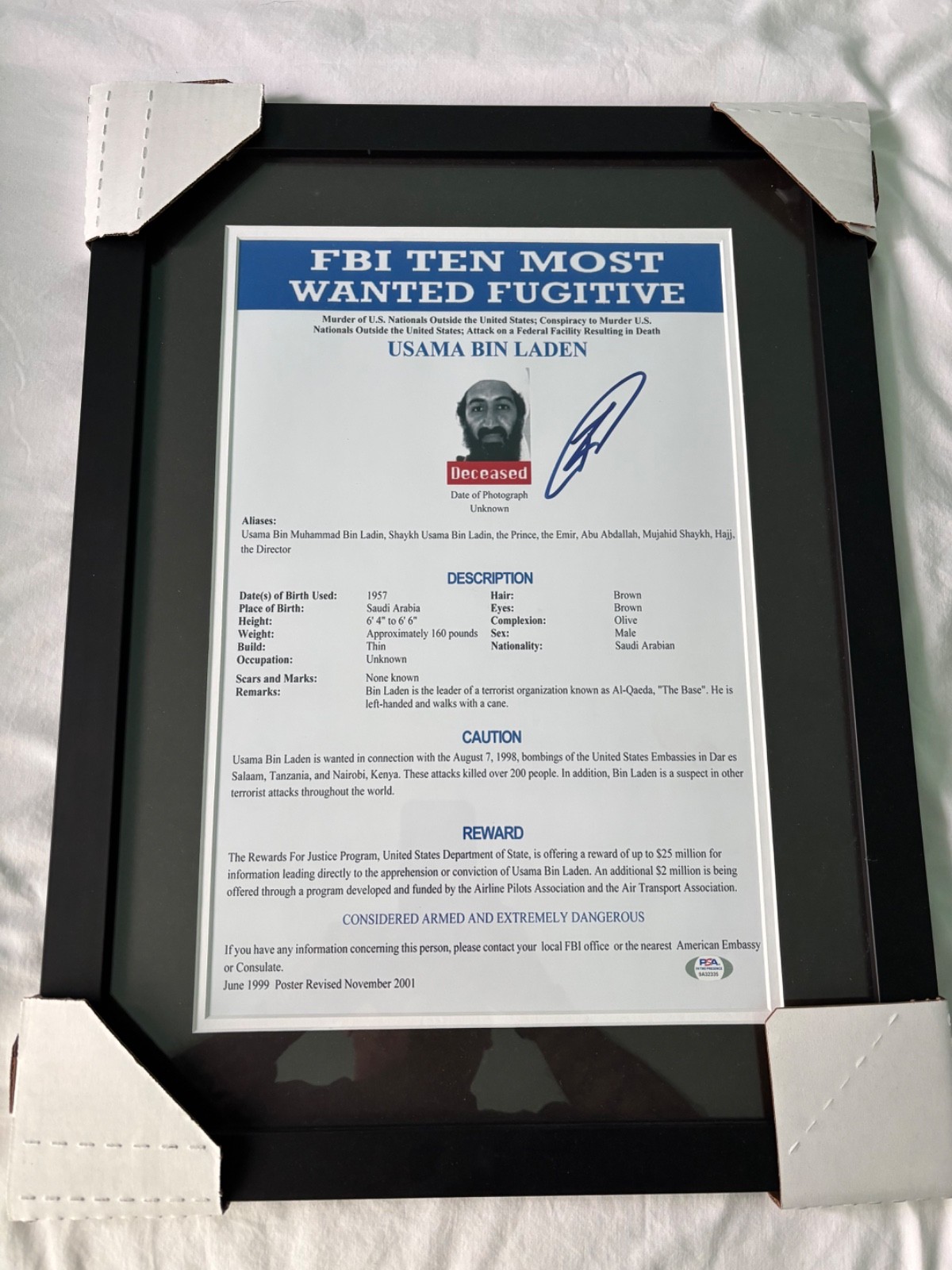 Osama Bin Laden Pro Framed Matted : FBI Poster O’Neil Signed PSA Authentic