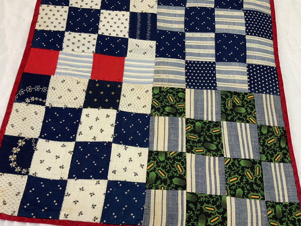 Vintage Antique Patchwork Quilt Table Topper, Four Patch, Early Calicos, Navy