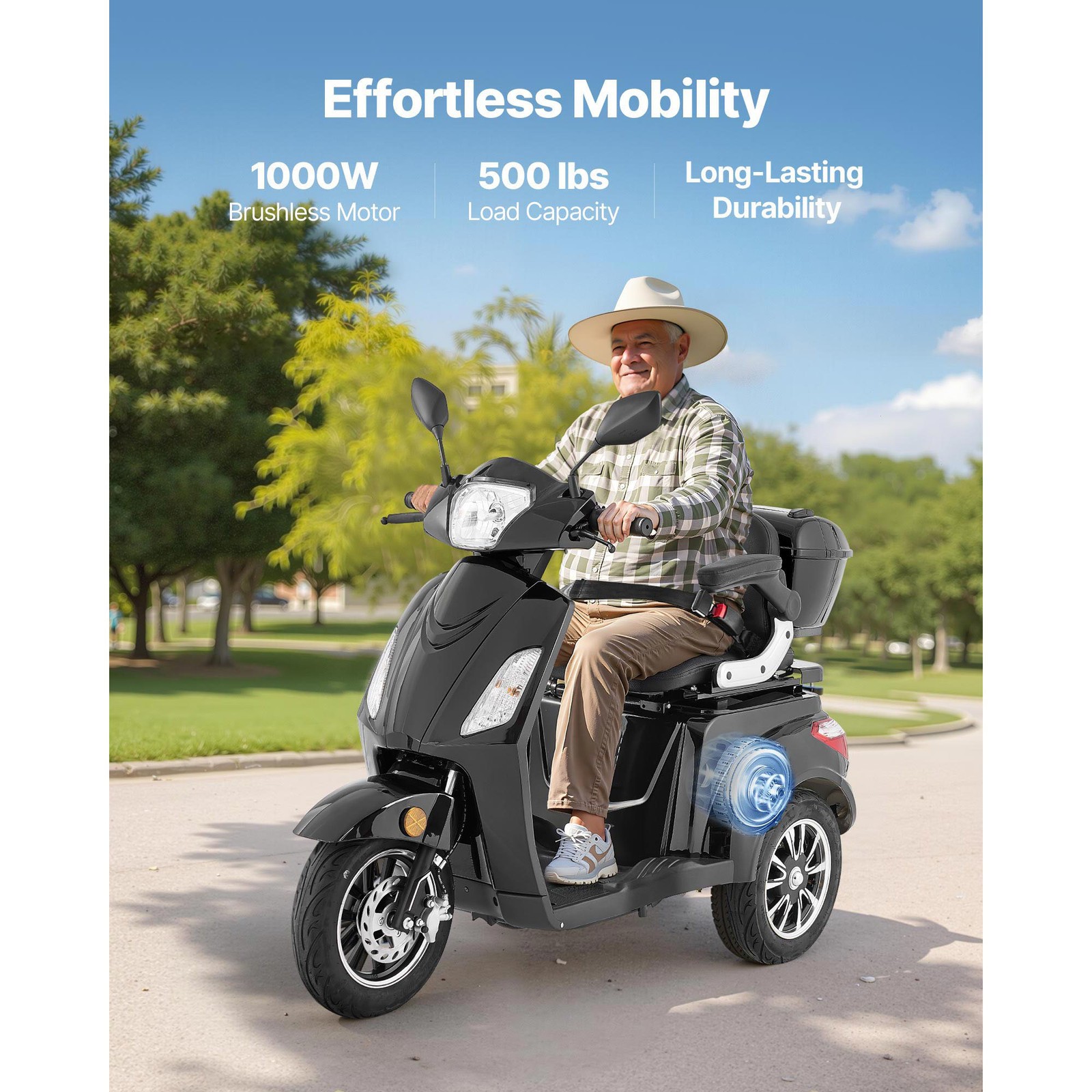 Uimoso Heavy-Duty 3-Wheel Mobility Scooter 21.5-Mile Range, 3-Speed, 500lbs Load