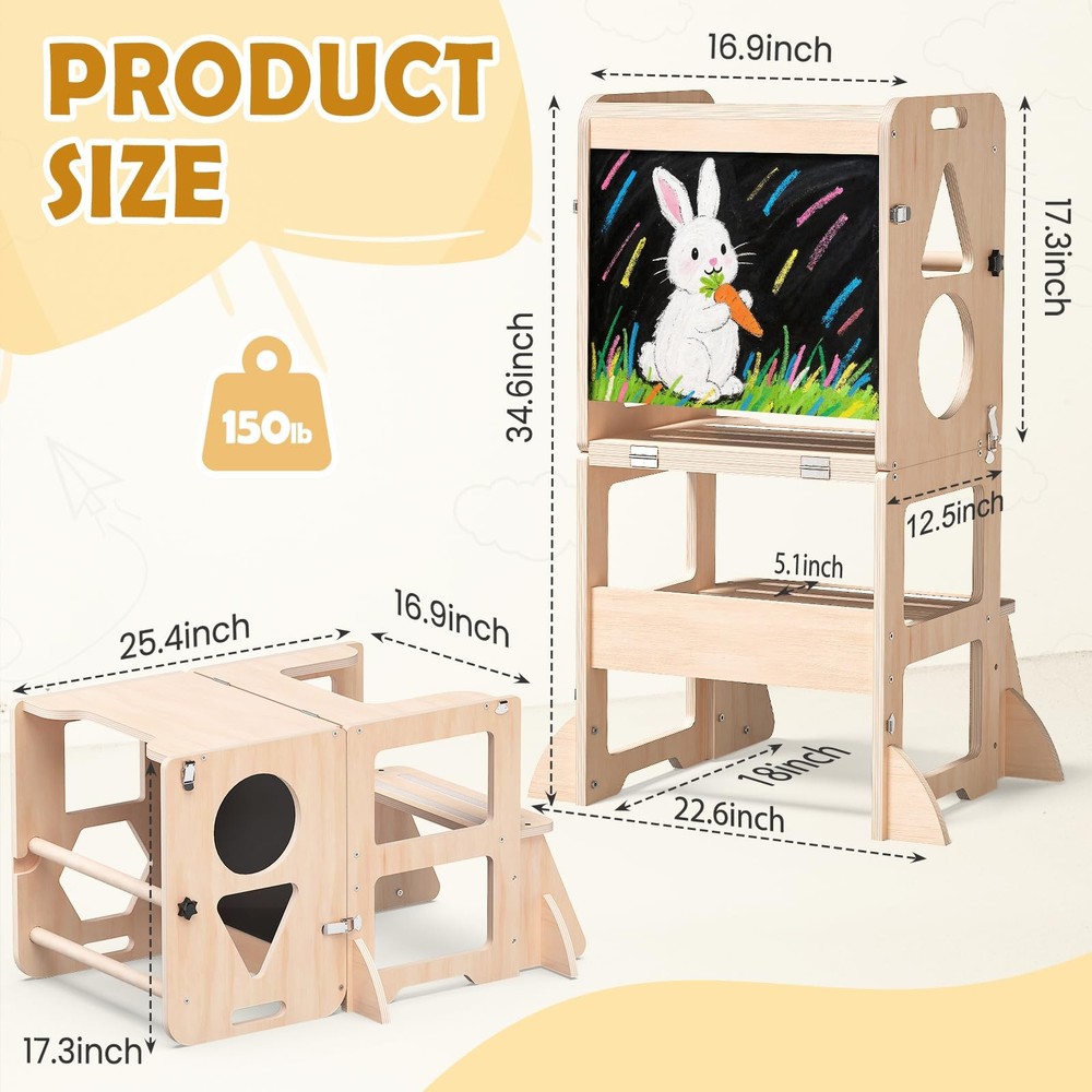 Woodure 4-in-1 Toddler Kitchen Step Stool, Foldable Learning Tower