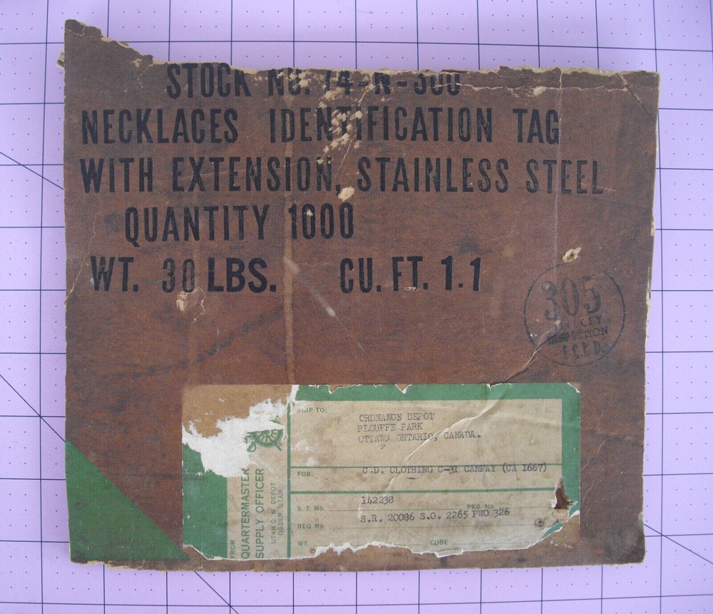 World War II Dog Tag Chains Sealed Box 100 Envelopes & 200 Chains NOS Free Ship