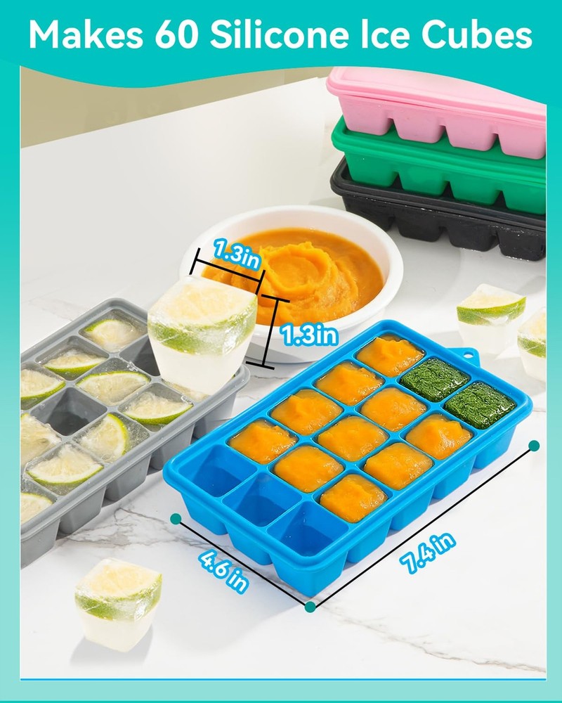 4 Pack Silicone Ice Cube Trays with Lids Easy Release 60 Grids Stackable Square