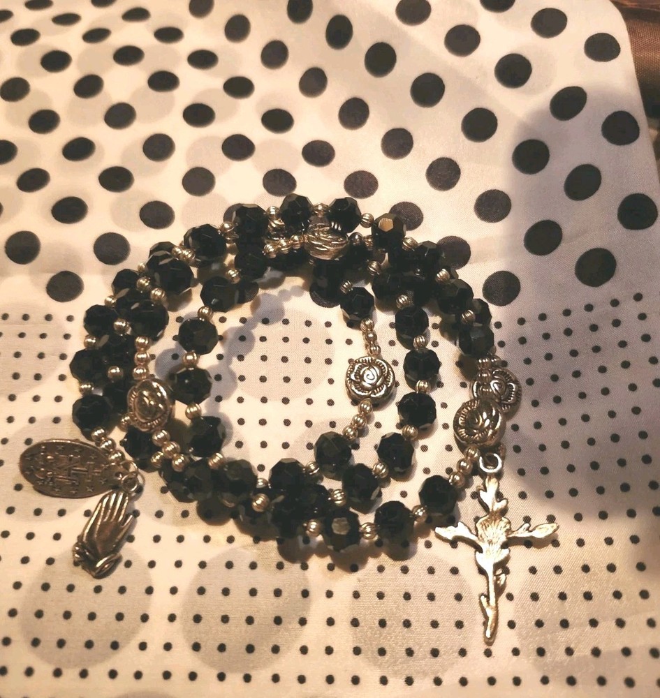 Artisan Hand Crafted Black & Silver Crystal Bead Wraparound Rosary Bracelet
