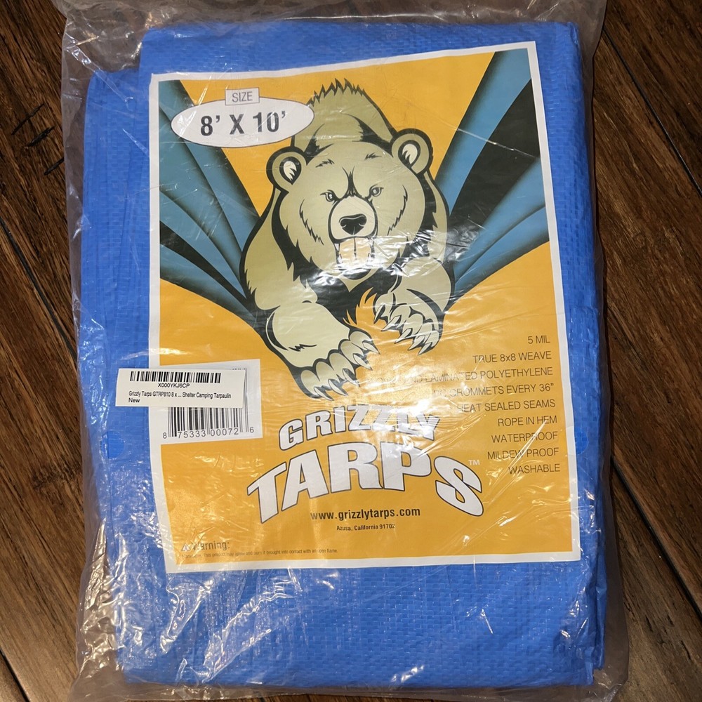 Grizzly Tarps Large 8 x 10 Multi-Purpose Waterproof Grommets Roped Hem Washable
